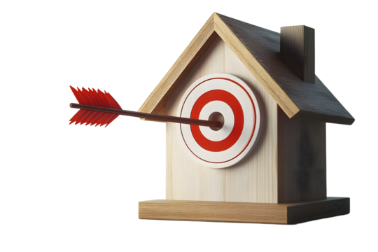 A target-shaped house with an arrow sticking out. Space for text.