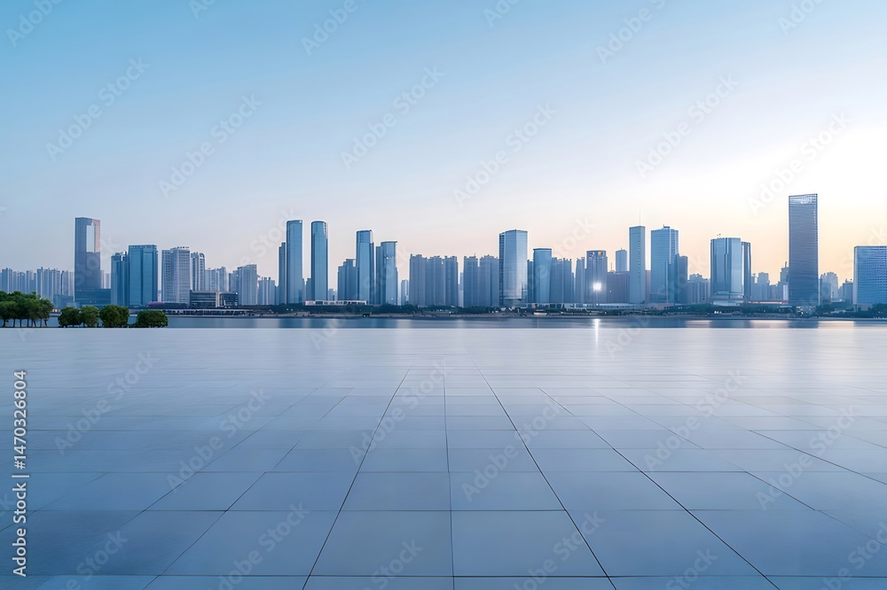 Aufkleber 青い空の下で反射する水面を持つ近代的な都市景観の高層ビル群と都市の風景の背景