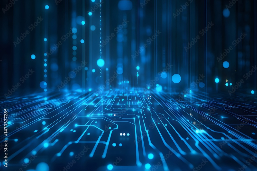 Aufkleber 青色の抽象的なテクノロジー背景にデジタル回路基板と未来的なデータフローを示すイメージ