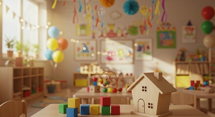 Bright kindergarten classroom with toys and decorations for learning time