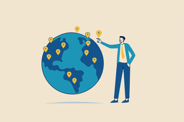 Global business expansion, open company branches, franchise in new location to cover all continent, growing business worldwide concept, businessman CEO put new branch pin on world map across globe.