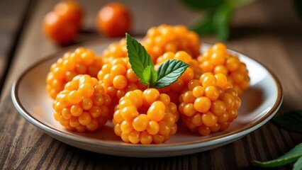 Fresh golden cloudberries on a ceramic plate with a mint garnish, captured in vibrant detail on a wooden table