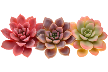 Three vibrant succulents, showcasing diverse colors and rosette patterns, arranged closely together