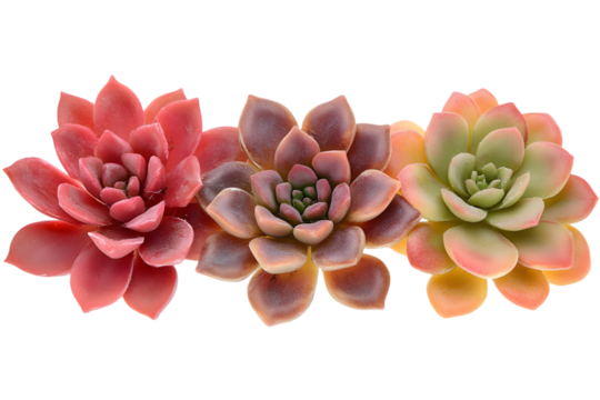 Three vibrant succulents, showcasing diverse colors and rosette patterns, arranged closely together