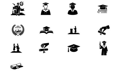 Obraz premium Graduation and Education Icon Set – Vector Silhouettes of Caps, Diplomas, and Students.
