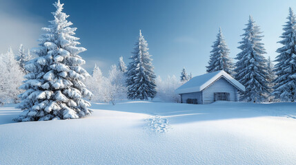 Fototapeta premium Snowy forest landscape with cozy cabin