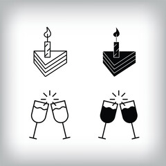 Glass clash, Cake slice candles and Entertainment design. Simple linear and flat event celebration icon set.
