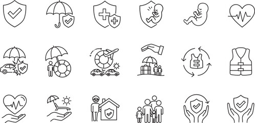 Insurance, policy, risk concept editable stroke outline icons set isolated on white background flat vector illustration.
