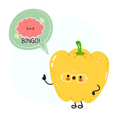 A cute and funny Yellow Pepper character wearing glasses, celebrating a winning idea with a brain.