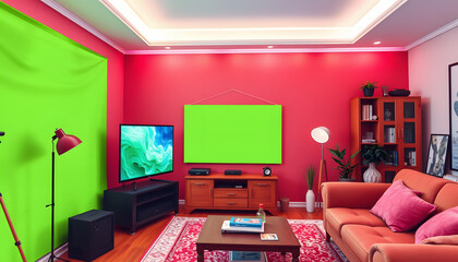 Chroma key compositing. TV with mockup green screen in room. Mockup for design, watercolor. White tone