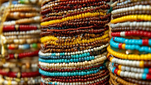 Stacks of colorful beaded bracelets showcasing handcrafted jewelry in earth tones and bright accents