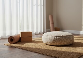 Yoga still life representing wellness and serenity with mat, blocks, and cushion