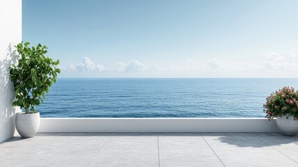 Fototapeta premium Exterior patio with ocean view, a serene coastal scene.