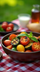 A vibrant bowl of grilled vegetables sits on a checkered tablecloth, surrounded by fresh ingredients and drinks, evoking a summery outdoor picnic setting