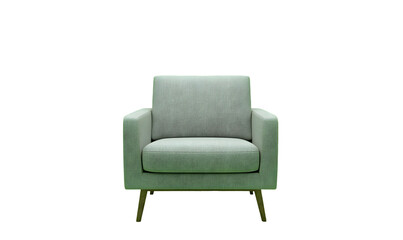 A light green armchair with wooden legs, simple design, comfortable seating
