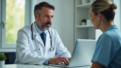 Obraz premium A doctor and nurse engage in a professional discussion in a bright medical office, with the doctor working on a laptop