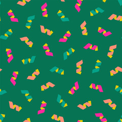 Vector seamless pattern with colourful confetti on a green background. Editable background for wrapping paper.