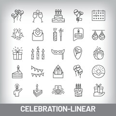Birthday, cake, candle, dessert and decoration and fun design. Simple set of 25 linear event and fun icons.