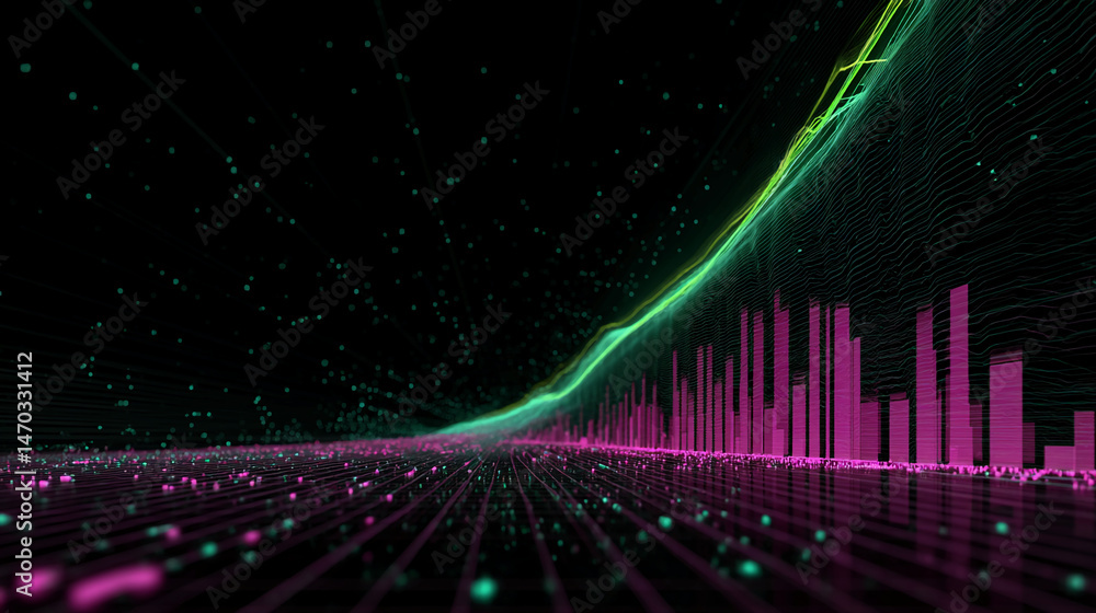 Poster abstract digital landscape with glowing pink and green lines, creating a futuristic, dynamic scene s