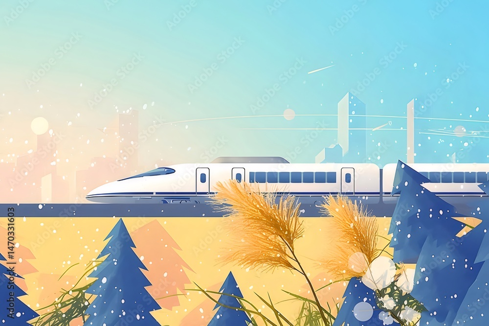 Poster 雪景色の中を走る白い高速鉄道 都市のスカイラインと冬の松の木々 背景にはぼかし効果 ソフトな色調で描かれたアドビストックフォト