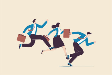 Business rival or competition, challenge to success in work and career, motivation or effort to win the business concept, business people competitor running fast with full effort to finish line.