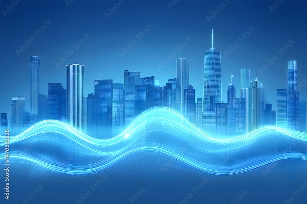 Aufkleber 未来的な青い都市の景観抽象的な波の光とエネルギーデジタル背景デザインと建築高層ビルとスカイライン
