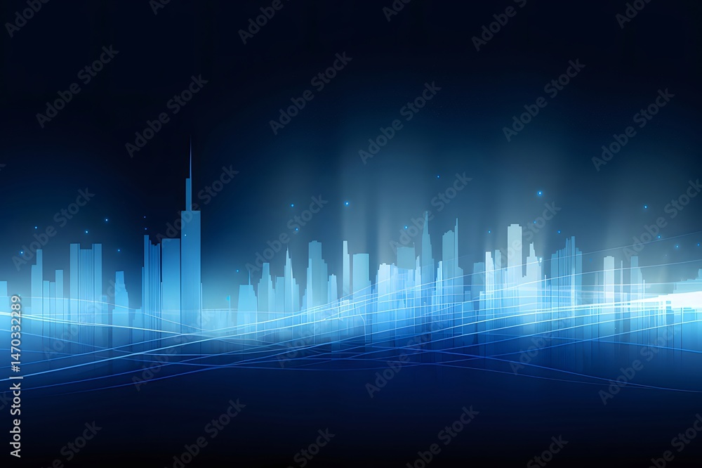 Aufkleber 青い背景に浮かぶ未来的な都市のスカイラインの抽象的な描写 夜景の建築とグラフィックデザイン