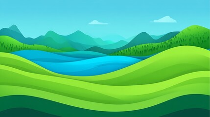 A vibrant and stylized illustration of a green valley with rolling hills and water