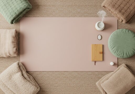 Minimalist meditation space representing serenity and wellness, featuring yoga mat and aromatherapy diffuser