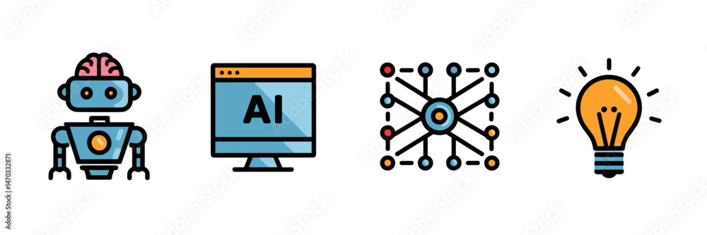 Poster vector icon set featuring ai robot, brain computer, neural network diagram, and light bulb