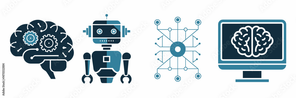 Poster vector icon set of artificial intelligence with brain gears, robot head, and futuristic design