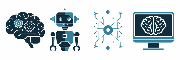 Obraz premium Vector icon set of artificial intelligence with brain gears, robot head, and futuristic design