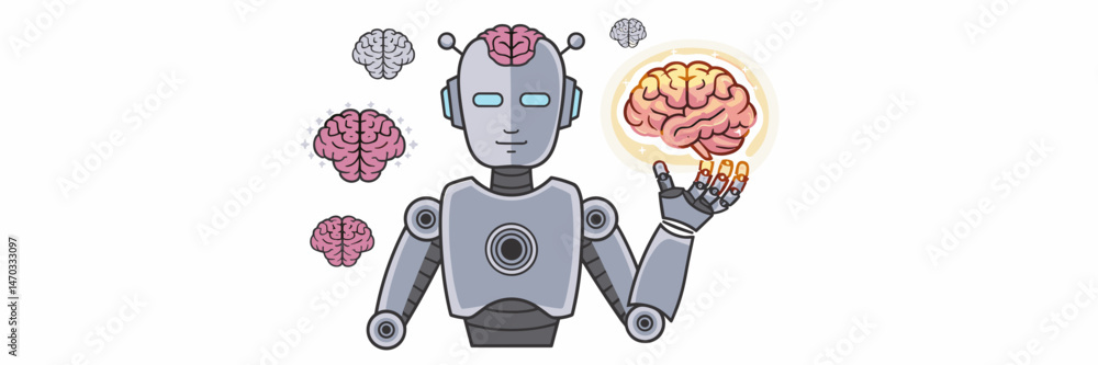 Poster vector icon set of robot holding a glowing brain surrounded by smaller brains – suitable for artific