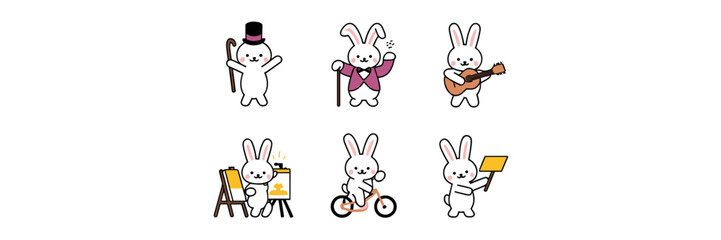 Bunny icon set with magician, artist, and musician themes &ndash; Ideal for event marketing, Easter graphics, or creative children&rsquo;s materials.