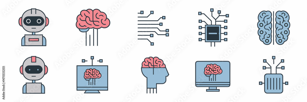 Poster vector icon set of artificial intelligence featuring robot brain, wired brain, computer, and circuit