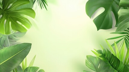 Obraz premium Refreshing green background with lush tropical leaves, soft natural light and blurred depth, vibrant jungle mood
