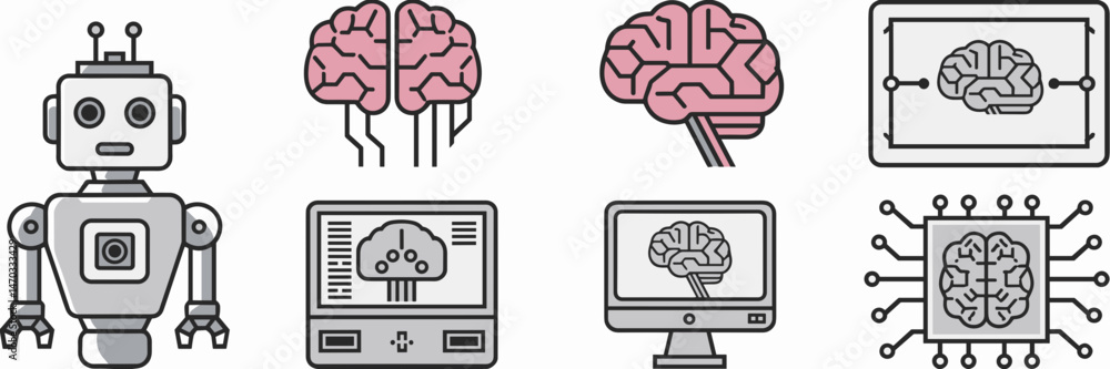 Poster vector icon set showing brain head robot, wired brain, computer brain, and circuit board brain