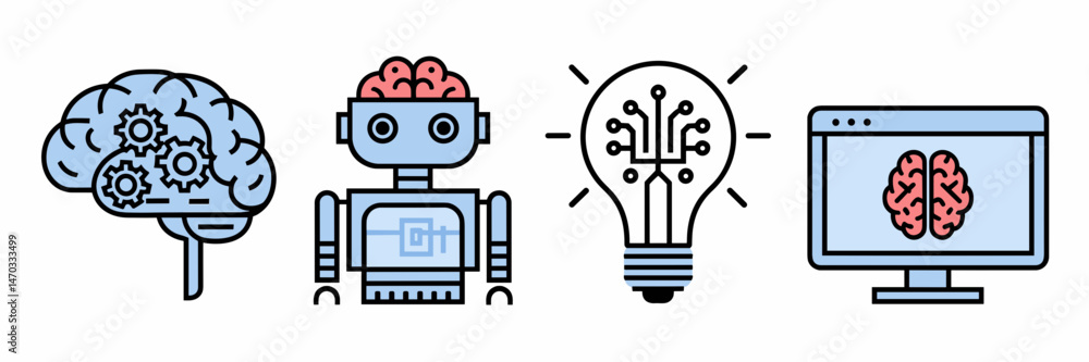 Poster vector illustration of artificial intelligence icons with brain gears, robot brain, circuit light bu