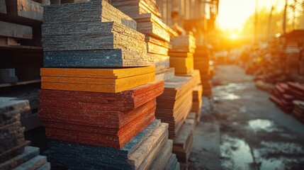 Colorful stacked timber highlighted by sunset in open workspace environment