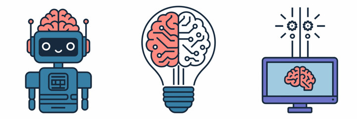 Fototapeta premium Flat vector icon set of robot with brain head, lightbulb with circuit board, and brain with gears – Perfect for AI concept designs, science education, or futuristic branding