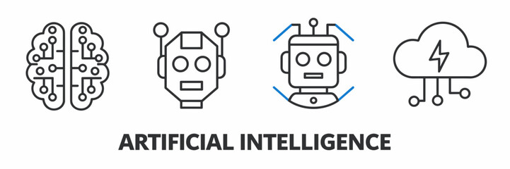 Vector illustration of brain circuits, robot head, and cloud lightning bolt for artificial intelligence