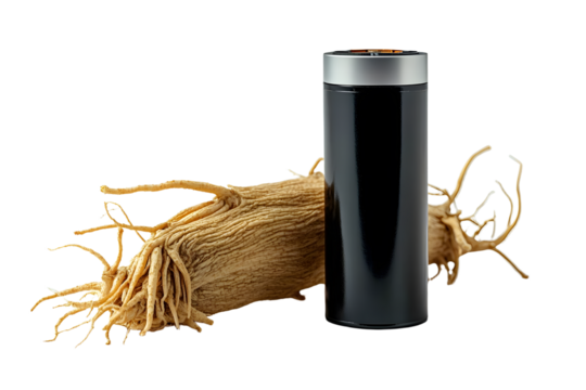 Battery next to ginseng root on white background. Space for text.