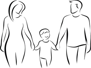 Continuous one line drawing of a happy family walking together, front view of parents with child holding hands in minimalist black sketch style

