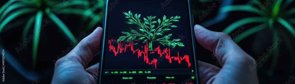 Poster Hands hold a phone displaying a financial decline chart