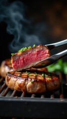 Juicy, medium-rare steak slice held with tongs over a grill, garnished with fresh herbs, emitting aromatic steam against a dark background