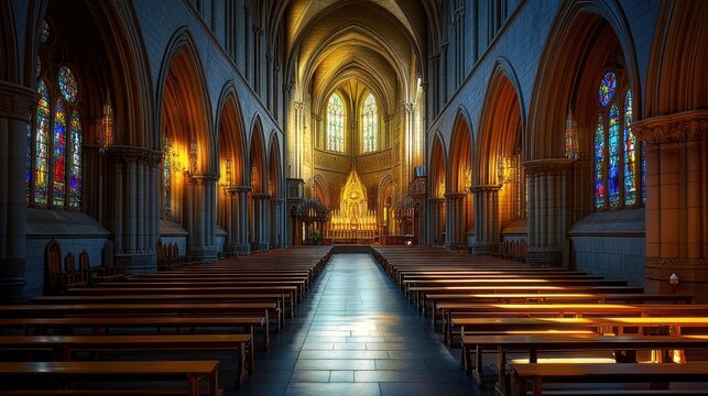 Majestic cathedral interior, bathed in golden light