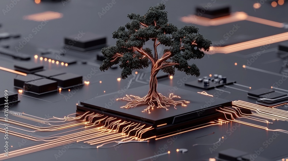 Poster a glowing tree growing from a digital circuit board