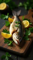 Fresh fish garnished with parsley and lemon slices on a wooden board, surrounded by vibrant tomatoes and lemons, creating a colorful, appetizing culinary display