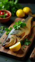 Fresh fish garnished with parsley and lemon slices on a wooden board, surrounded by vibrant tomatoes and lemons, creating a colorful, appetizing culinary display