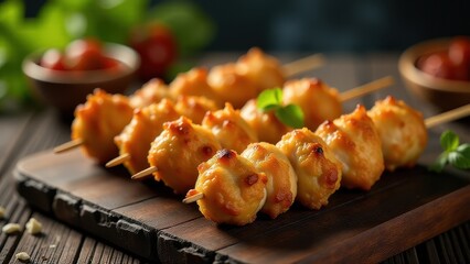Golden, crispy potato and cheese balls on skewers served on a black plate with a side dip and blurred background setting for a cozy meal